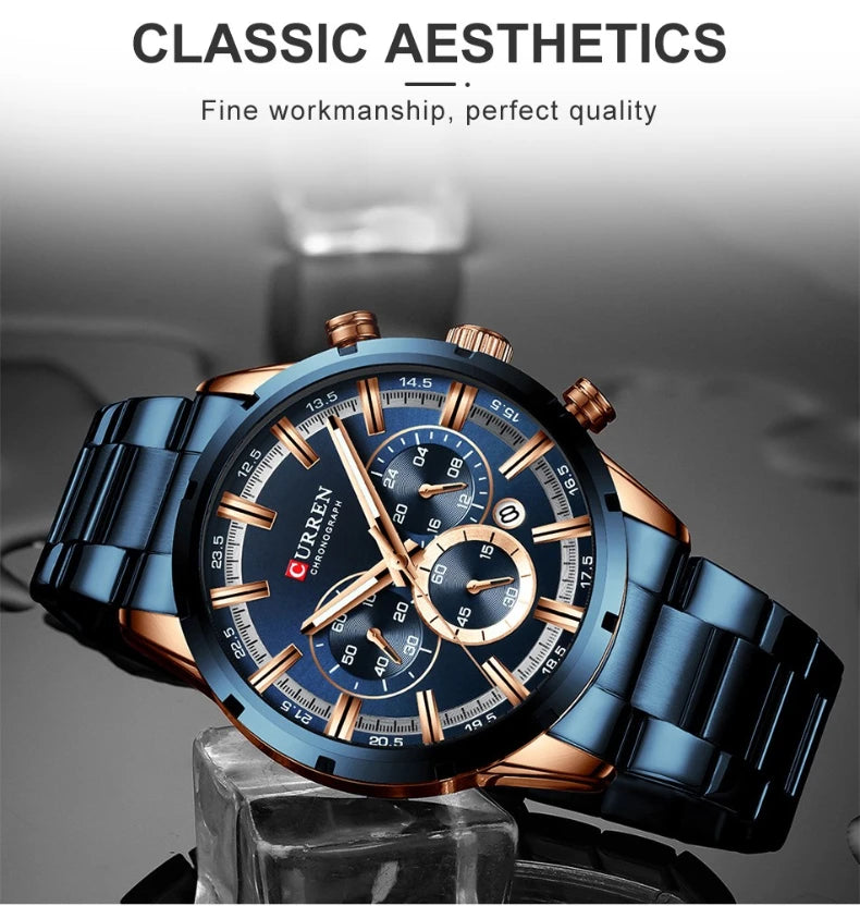 Reloj de pulsera CURREN de Cuero militar de lujo de la mejor marca, relojes deportivos informales para hombres, reloj de pulsera azul para hombre, reloj de pulsera cronógrafo de moda