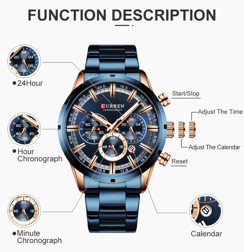 Reloj de pulsera CURREN de Cuero militar de lujo de la mejor marca, relojes deportivos informales para hombres, reloj de pulsera azul para hombre, reloj de pulsera cronógrafo de moda