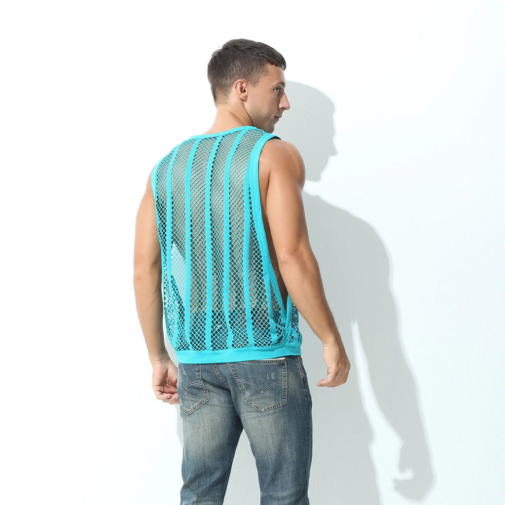 Camisetas sin mangas para hombre, camiseta interior sin mangas, chaleco hueco transparente de malla Sexy, camiseta de rejilla, camiseta musculosa