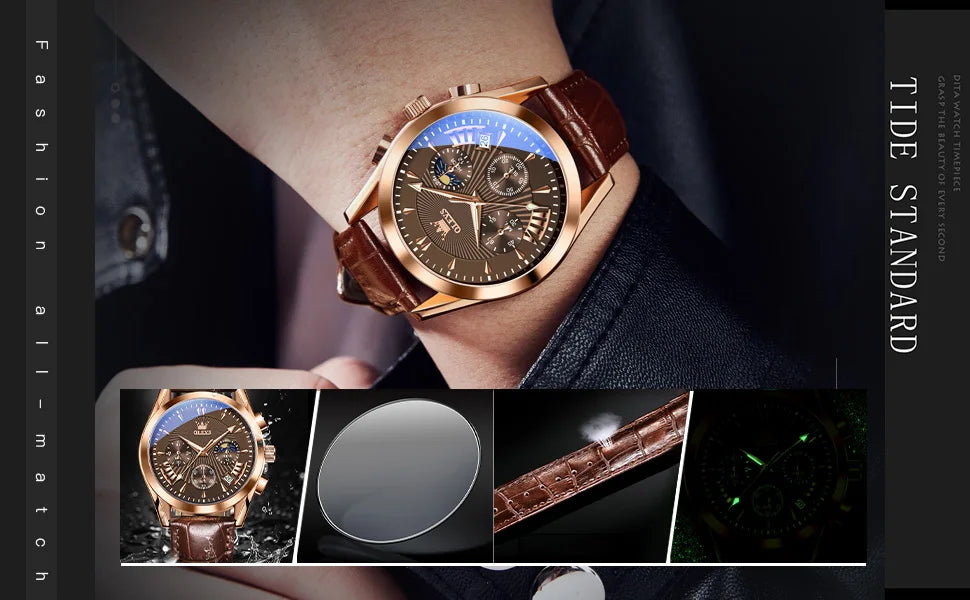 OLEVS-reloj de cuarzo resistente al agua para hombre, cronógrafo de pulsera con correa de cuero, marca de lujo Original, alta calidad, a la moda