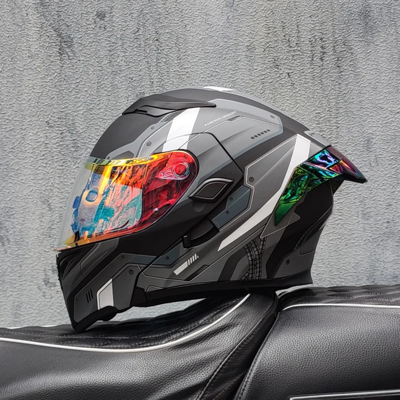 ORZ nueva calidad DOT doble lente Flip casco Abs cara completa motocicleta todoterreno casco de carreras de motos ala trasera personalizada