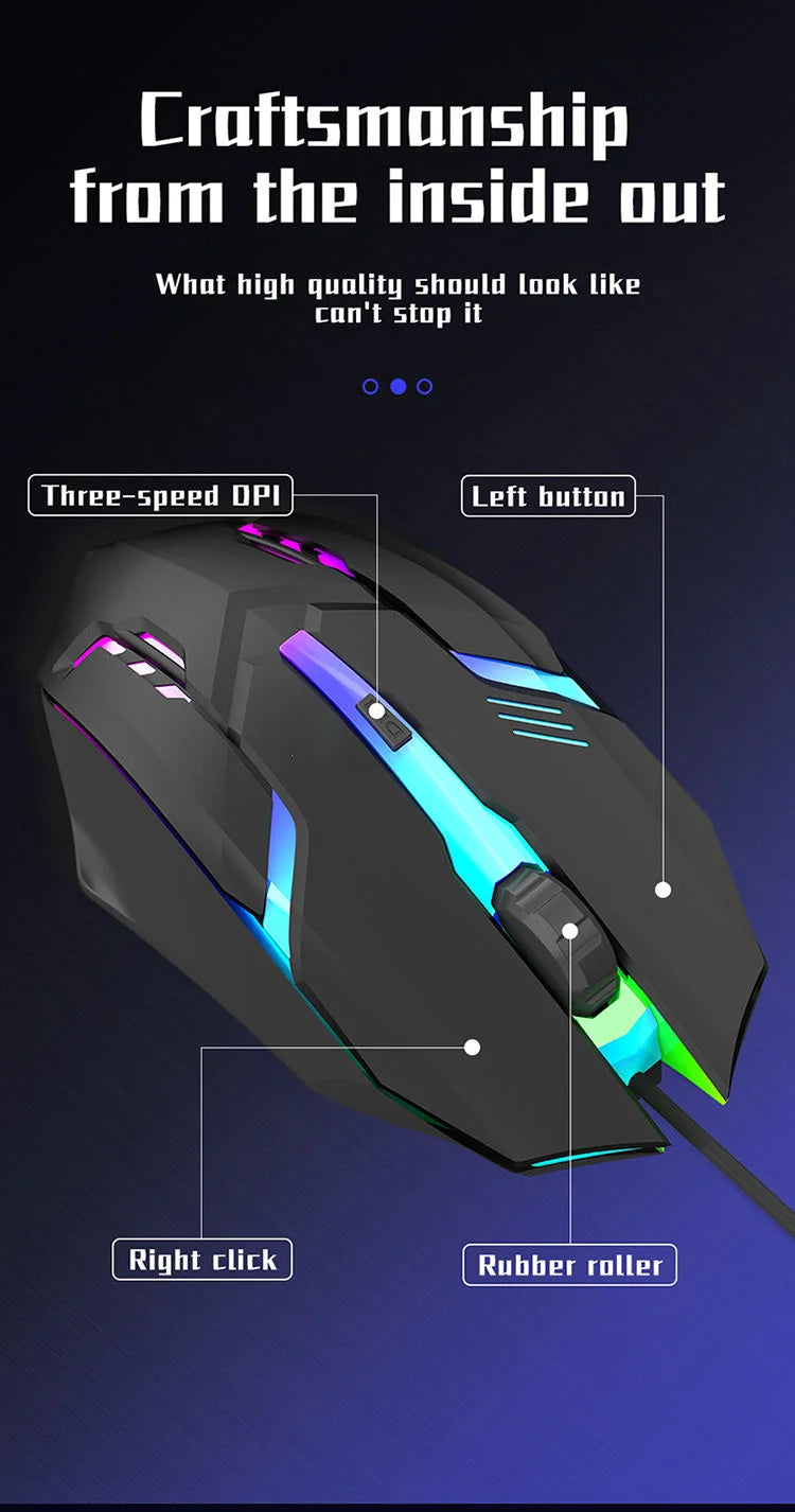 Mouse Gamer USB con Luz RGB – 1600 DPI, 4 Botones Programables, Cable 1.2m