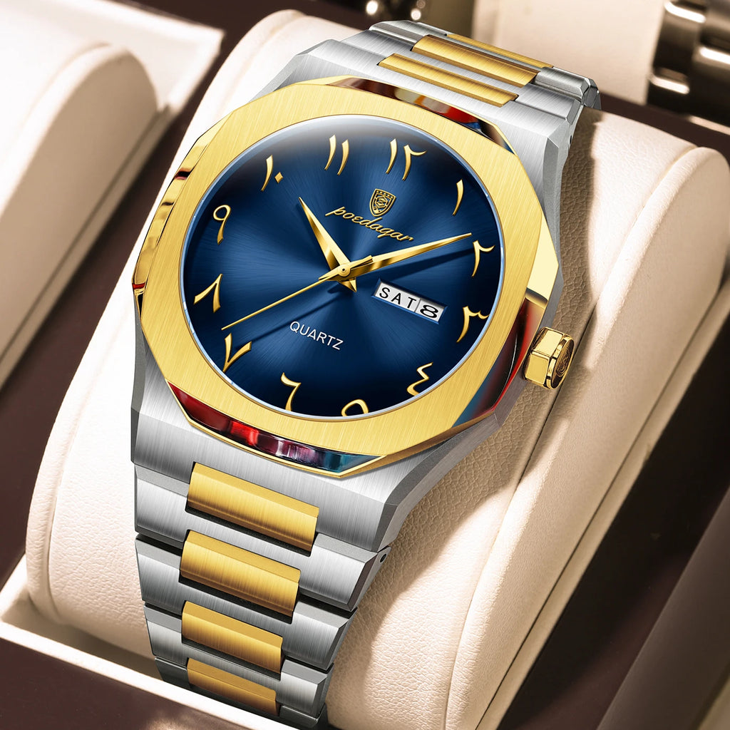 Reloj militar POEDAGAR para hombre, resistente al agua, calendario semanal de lujo, reloj de pulsera para hombre, relojes de cuarzo de acero inoxidable a la moda para hombre