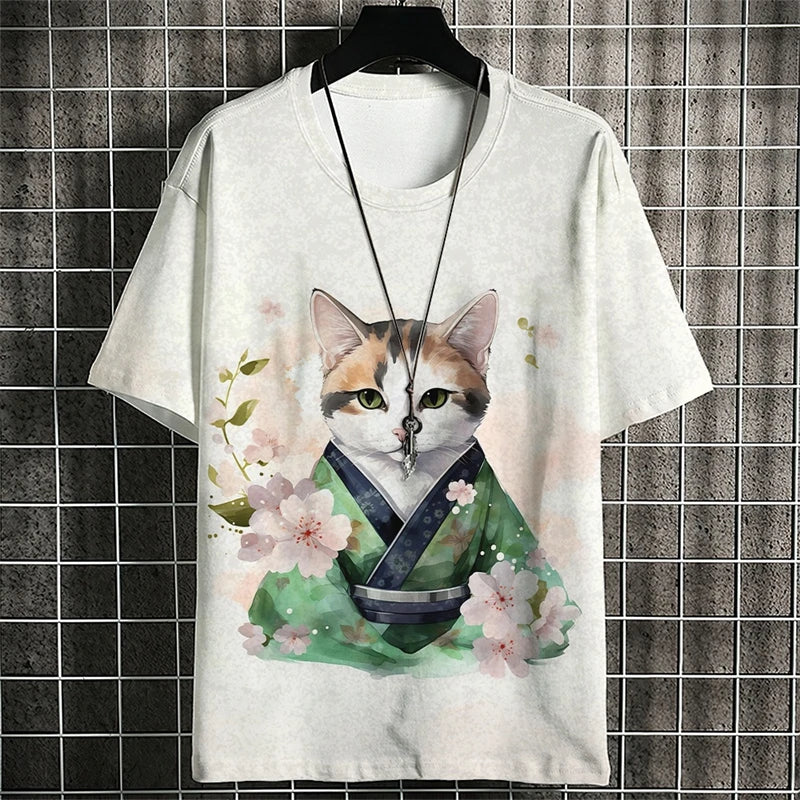 Camisetas con estampado de gato guerrero a la moda para hombre, camisetas con estampado de gato 3D y cuello redondo para verano, ropa informal de moda, camisetas Harajuku