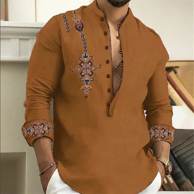 2025 Men's Shirt 15 Colors Tribe Pattern Printing Retro Geometry Leads Outdoor Street Long Sleeve Shirt Super Large Size S-5XL