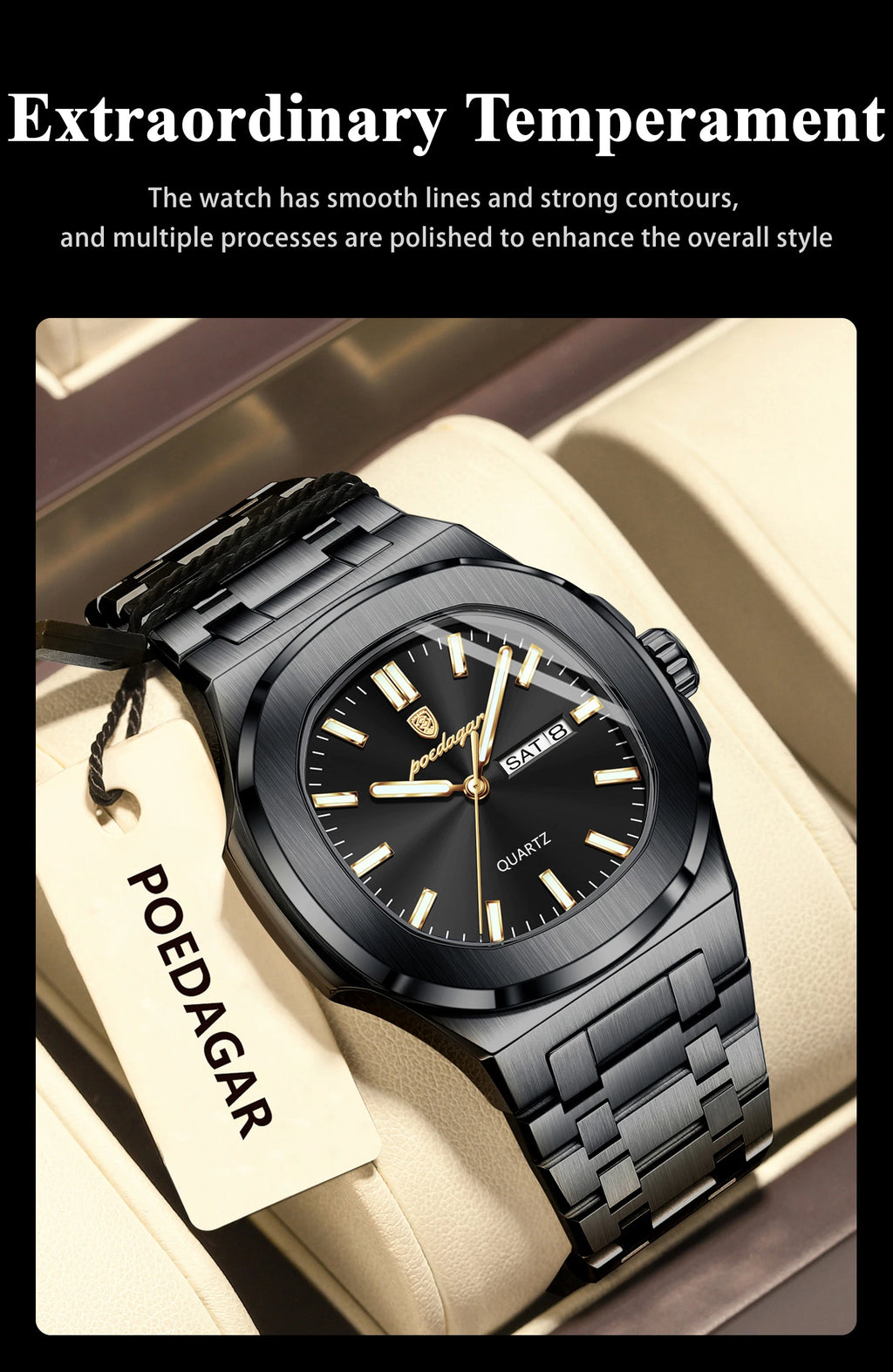 POEDAGAR, relojes cuadrados de lujo para hombre, Reloj luminoso resistente al agua con fecha y semana para hombre, Reloj de pulsera de cuarzo a la moda de acero inoxidable para hombre