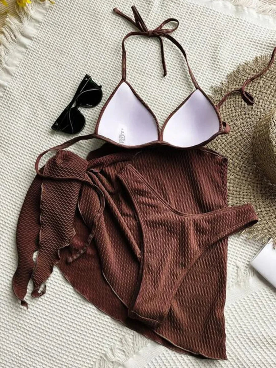 Con falda, Bikini arrugado con copa de sujetador, traje de baño femenino, traje de baño para mujer, conjunto de Bikini de tres piezas, traje de baño Push Up, ropa de playa para nadar