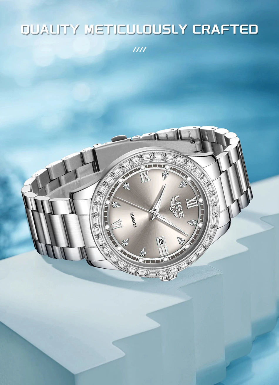 Reloj LIGE elegante para mujer, reloj resistente al agua a la moda, reloj luminoso de cuarzo de negocios de acero inoxidable para mujer, reloj de mujer + caja