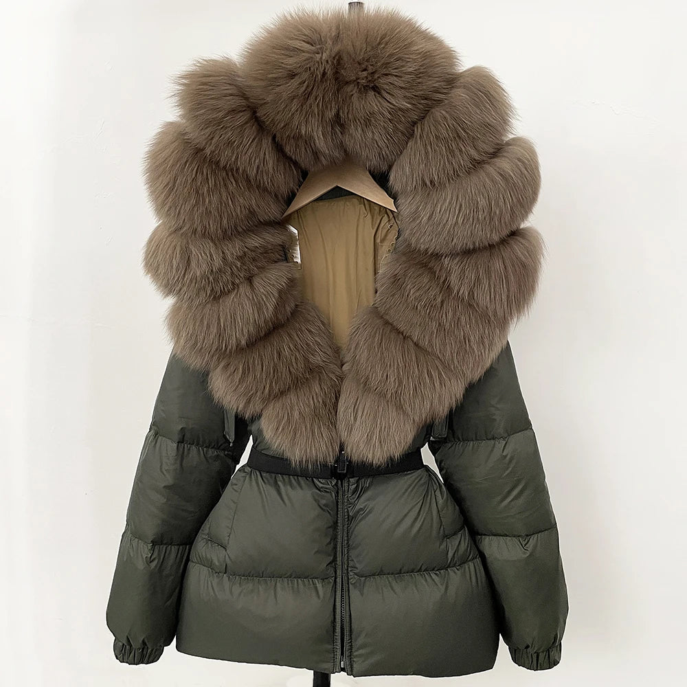 OFTBUY 2025 nueva ropa de invierno para mujer, abrigo de plumón de pato blanco, chaqueta con capucha de piel de zorro Natural, chaqueta acolchada cálida a la moda para mujer