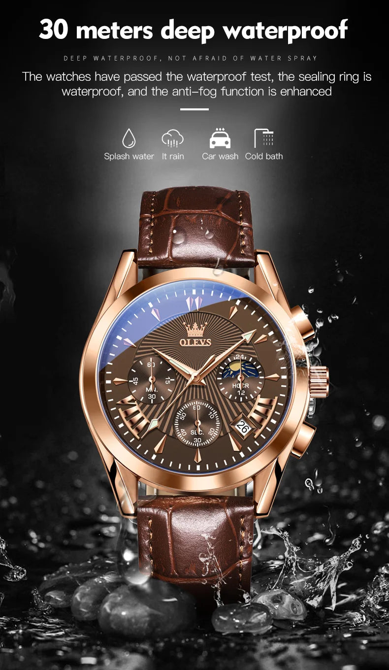 OLEVS 2876 reloj para hombre con correa de cuero reloj de cuarzo resistente al agua fase lunar luminosa relojes cronógrafo multifuncionales para regalo de hombre
