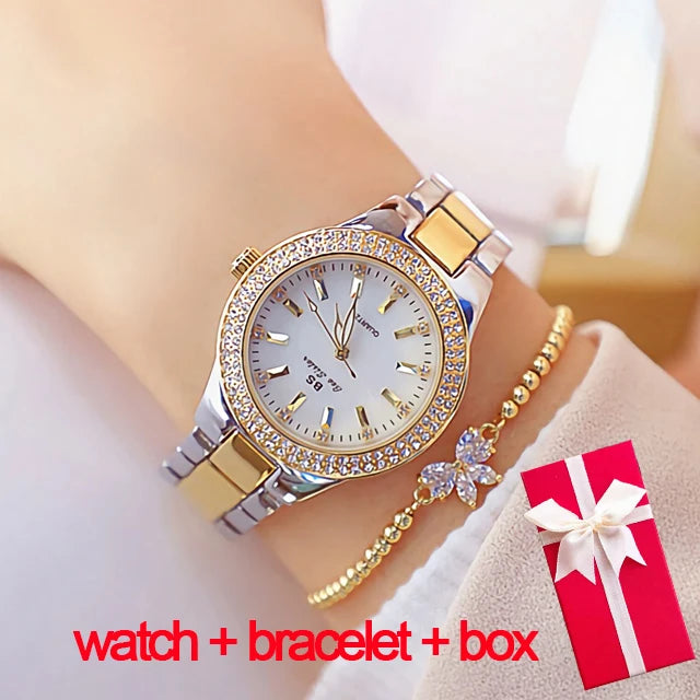 Relojes de pulsera de acero inoxidable para mujer, reloj dorado con diamantes de cristal, plateado