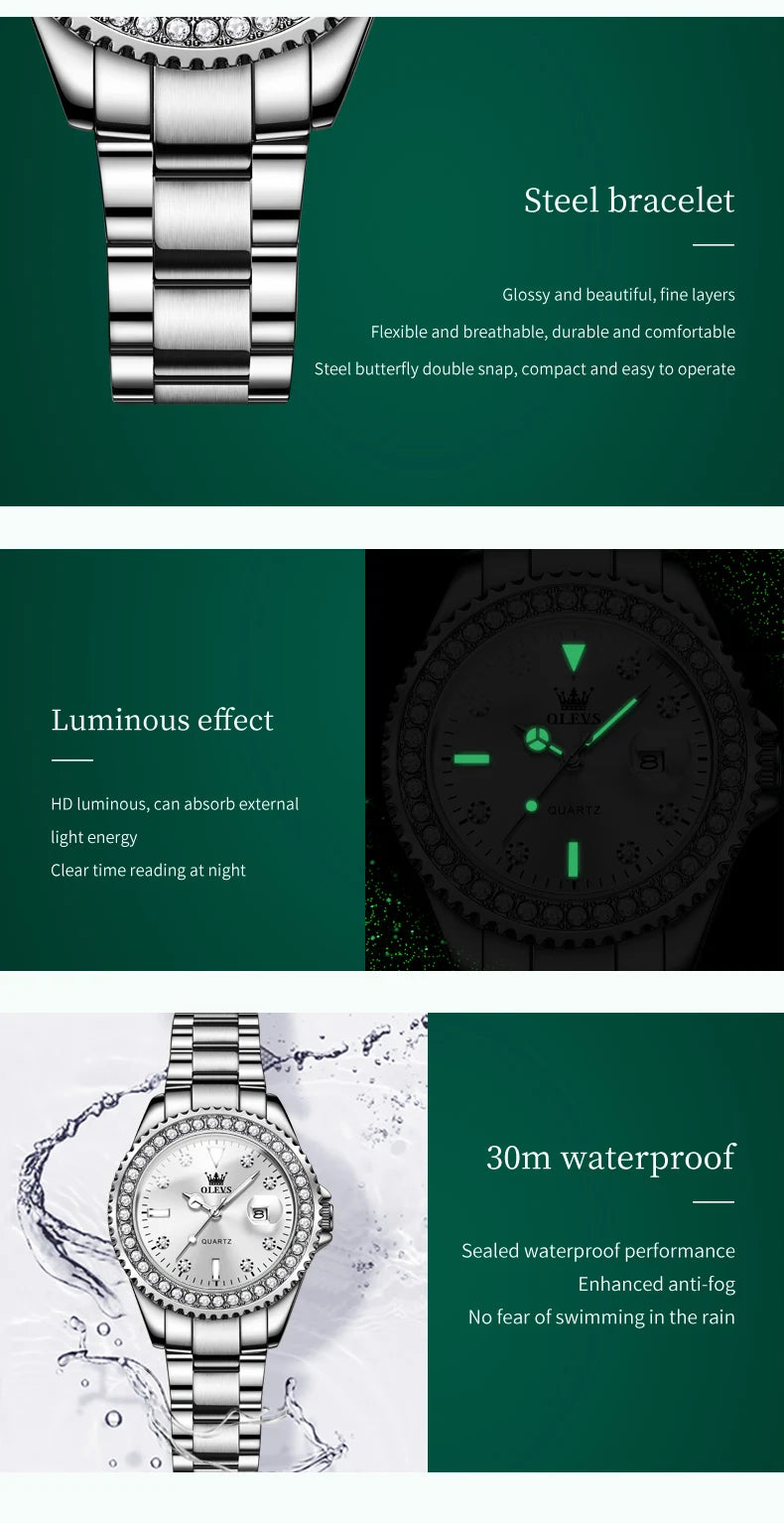 Reloj de cuarzo OLEVS Original con esfera de diamantes para mujer, relojes de moda para mujer, reloj de pulsera luminoso resistente al agua de acero inoxidable para mujer