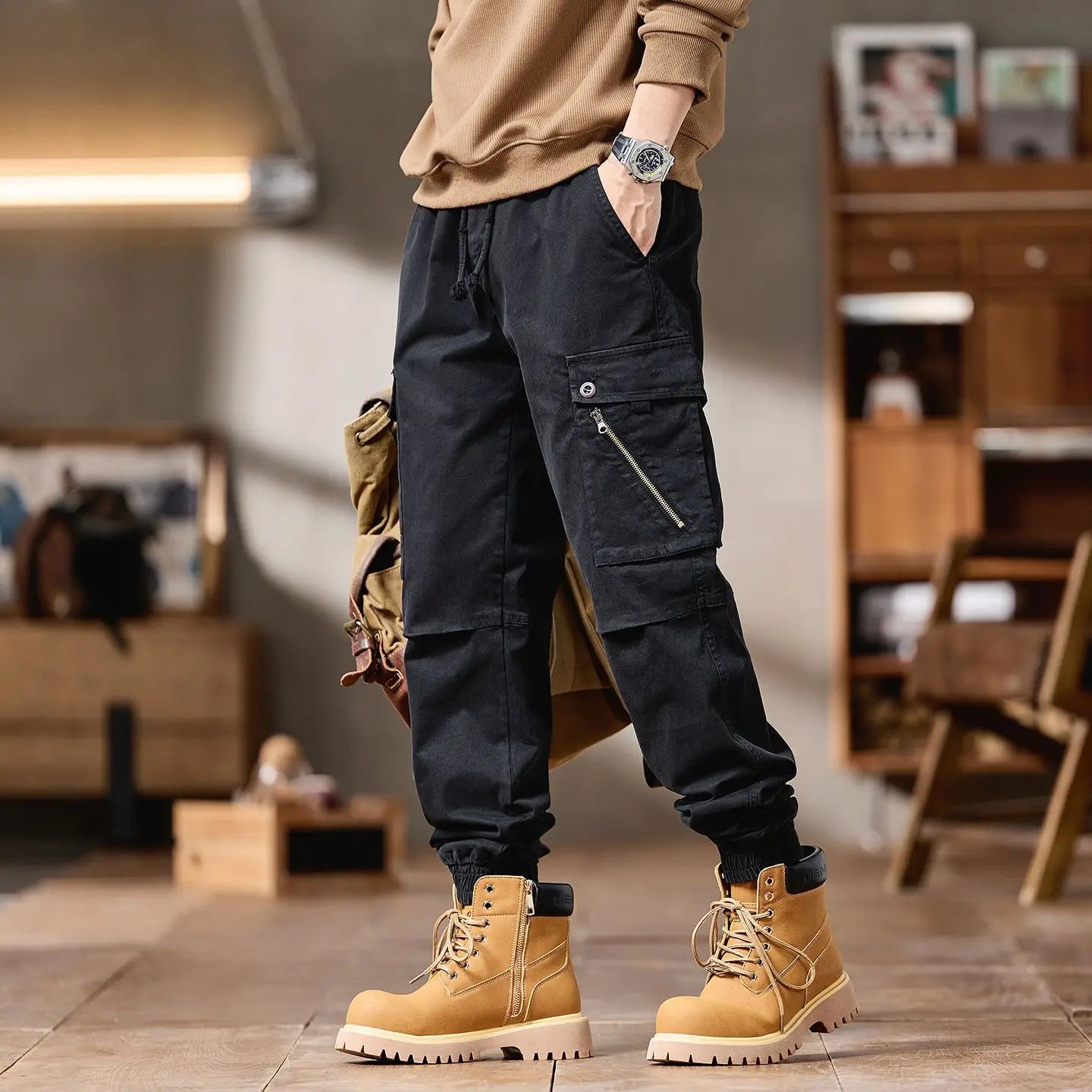 Men's Advanced Cargo Pants, Fashionable Brand Casual Motorcycle Pants, Multi-pocket Elastic Slim Fit Straight Leg Trousers for Autumn and Winter for Men
