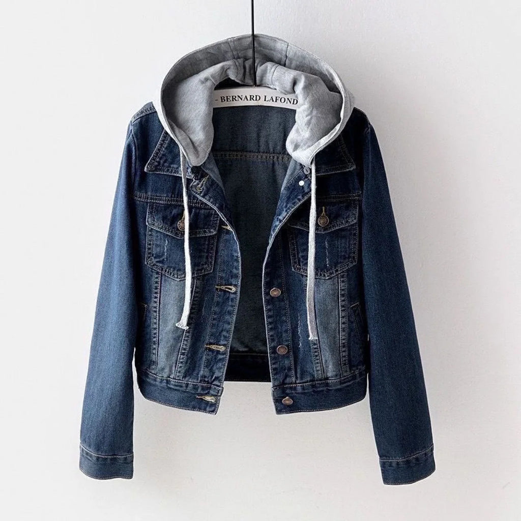 Chaqueta corta de mezclilla para mujer corta Otoño Invierno coreano de manga larga delgada con capucha versátil