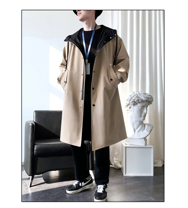 Gabardina para hombre, gabardina con capucha a la moda, otoño, longitud media, cortavientos holgado de un solo pecho, abrigo informal falso de dos piezas