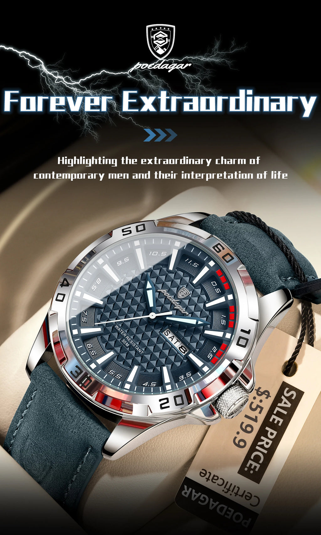 Reloj de pulsera POEDAGAR Original para hombre, Reloj de lujo resistente al agua con fecha luminosa y semana para hombre, relojes deportivos de cuero de cuarzo para hombre