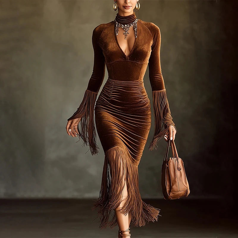Vestido ceñido al cuerpo con pliegues de terciopelo para mujer, vestido elegante con escote en V profundo y empalme de borlas, vestido de fiesta de noche de manga larga, vestido largo con dobladillo con flecos