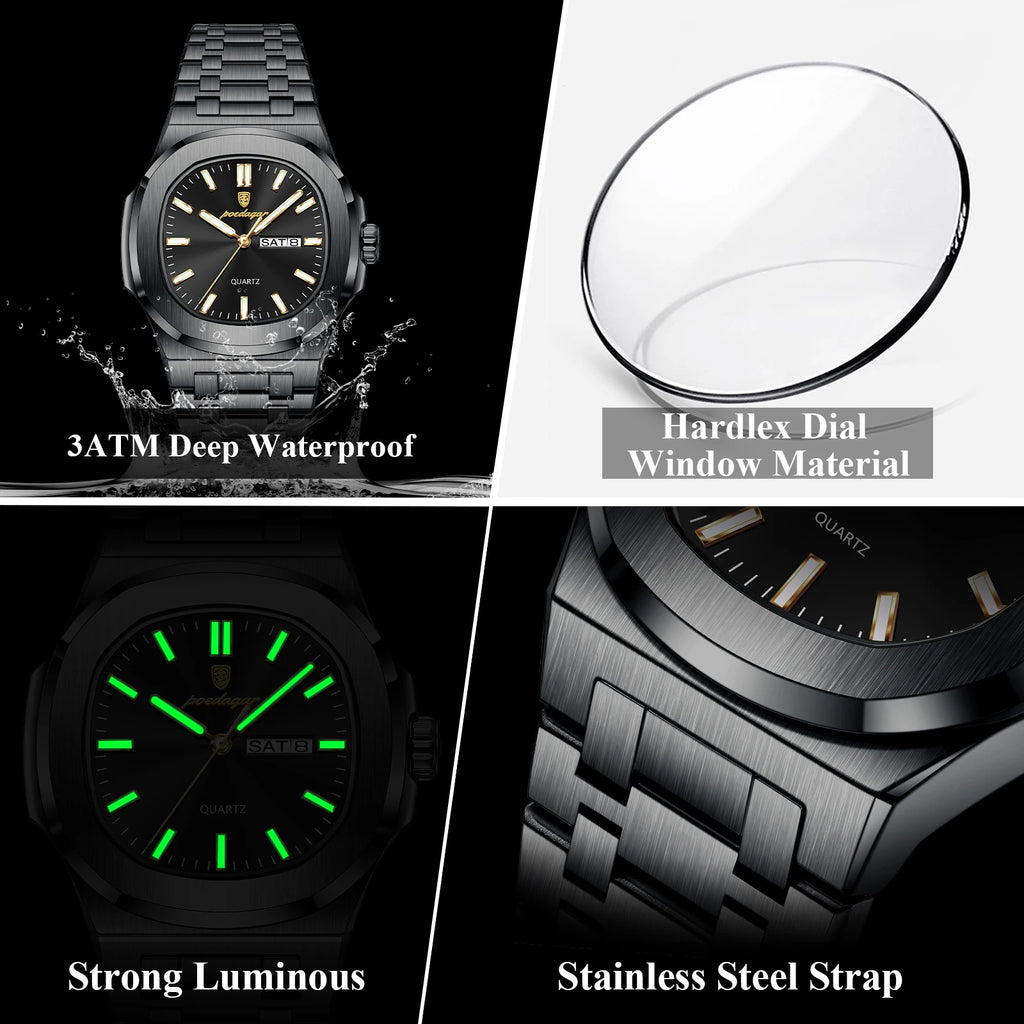 POEDAGAR, relojes cuadrados de lujo para hombre, Reloj luminoso resistente al agua con fecha y semana para hombre, Reloj de pulsera de cuarzo a la moda de acero inoxidable para hombre
