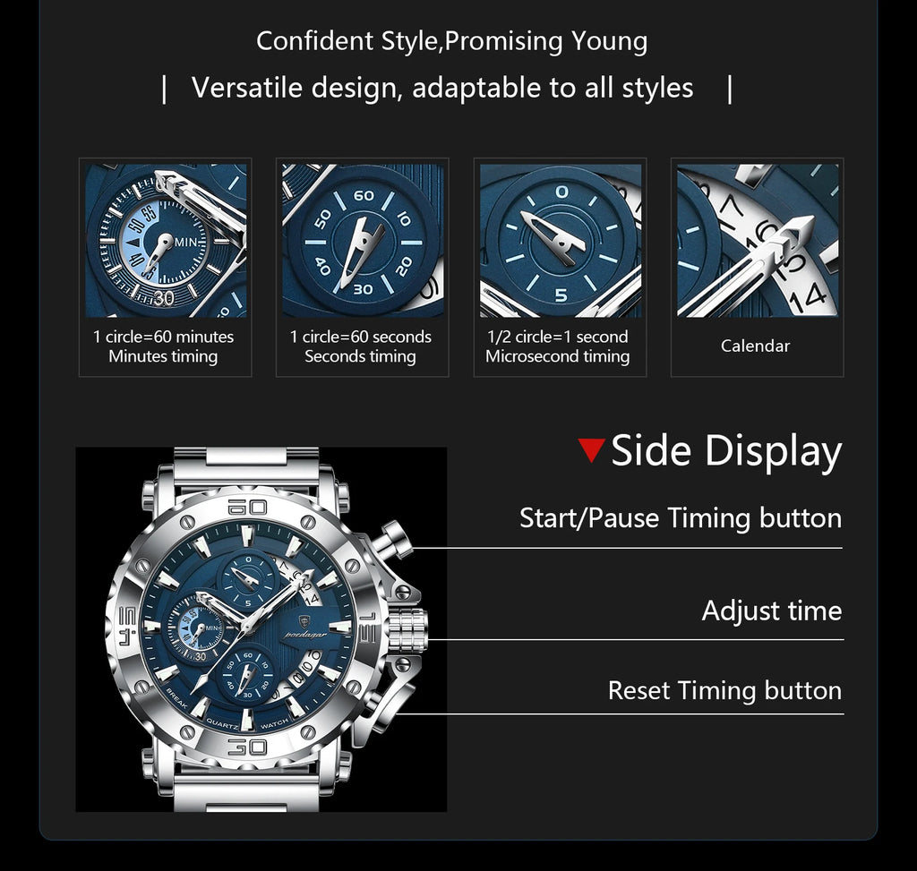POEDAGAR Luxury Watch For Men Calendar Luminous Waterproof Man Clock Male Chronograph Stainless Steel Men's Quartz Watches Reloj