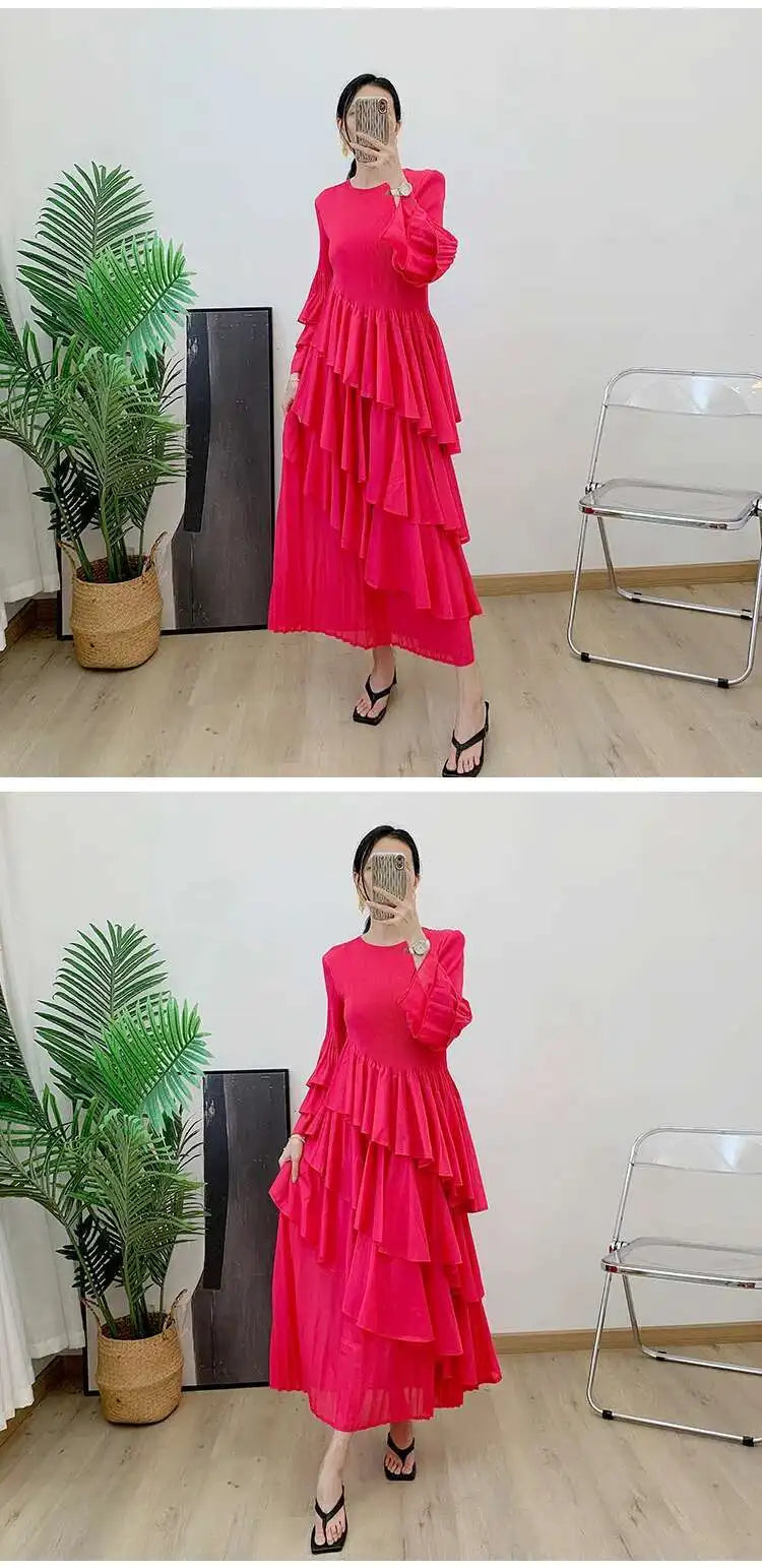 GVUW, vestido plisado para mujer, manga acampanada completa, línea A, volantes empalmados, cuello redondo, fiesta de noche, ropa elegante para mujer 17G4475
