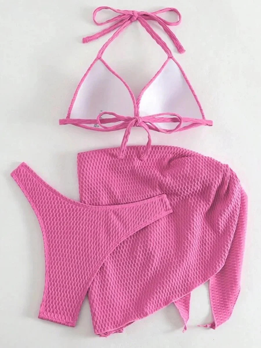 Con falda, Bikini arrugado con copa de sujetador, traje de baño femenino, traje de baño para mujer, conjunto de Bikini de tres piezas, traje de baño Push Up, ropa de playa para nadar