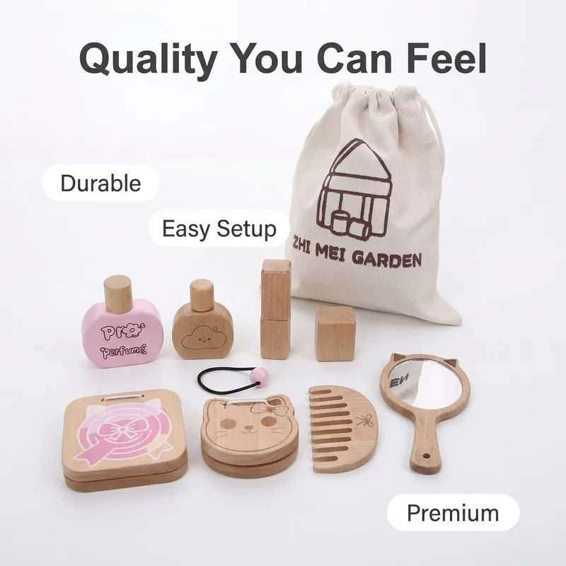 Juguete de Maquillaje de Imitación para Niñas, Set de Maquillaje de Madera para Jugar a Disfrazarse, Regalo con Bolsa de Maquillaje