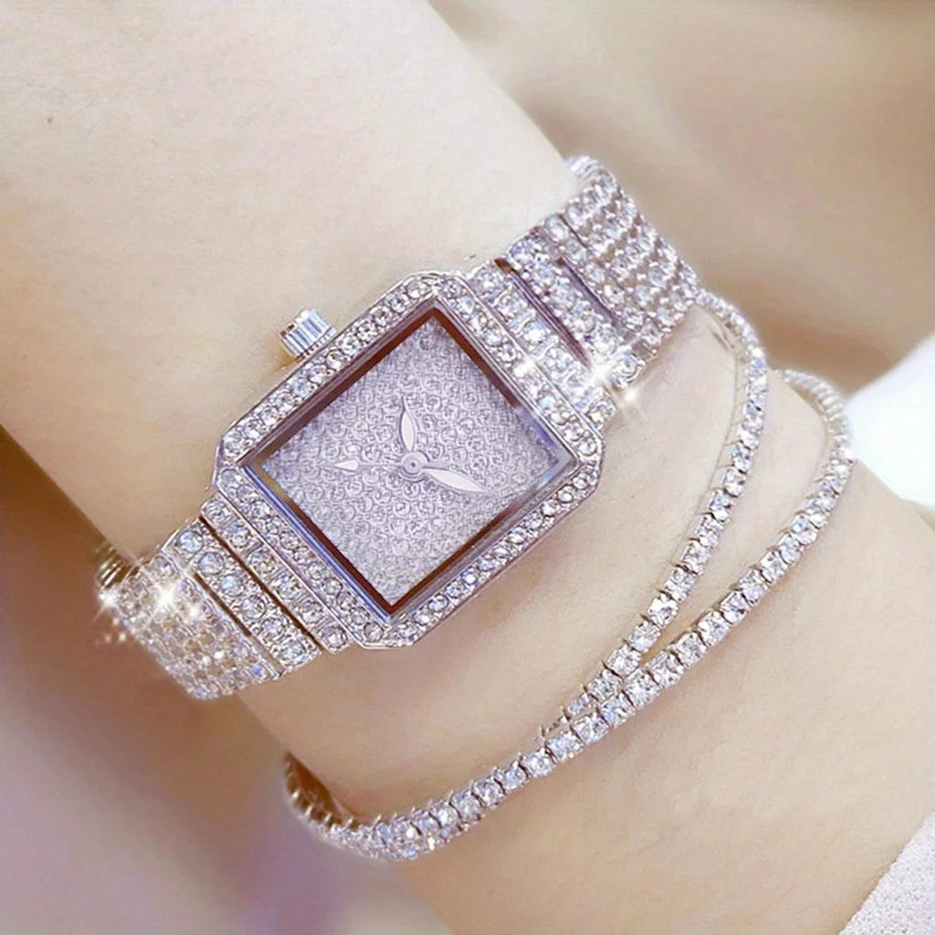 3 unids/set reloj de mujer de lujo reloj de mujer relojes de diamantes de imitación de cristal reloj de pulsera con correa de acero inoxidable de cuarzo reloj de pulsera con esfera cuadrada