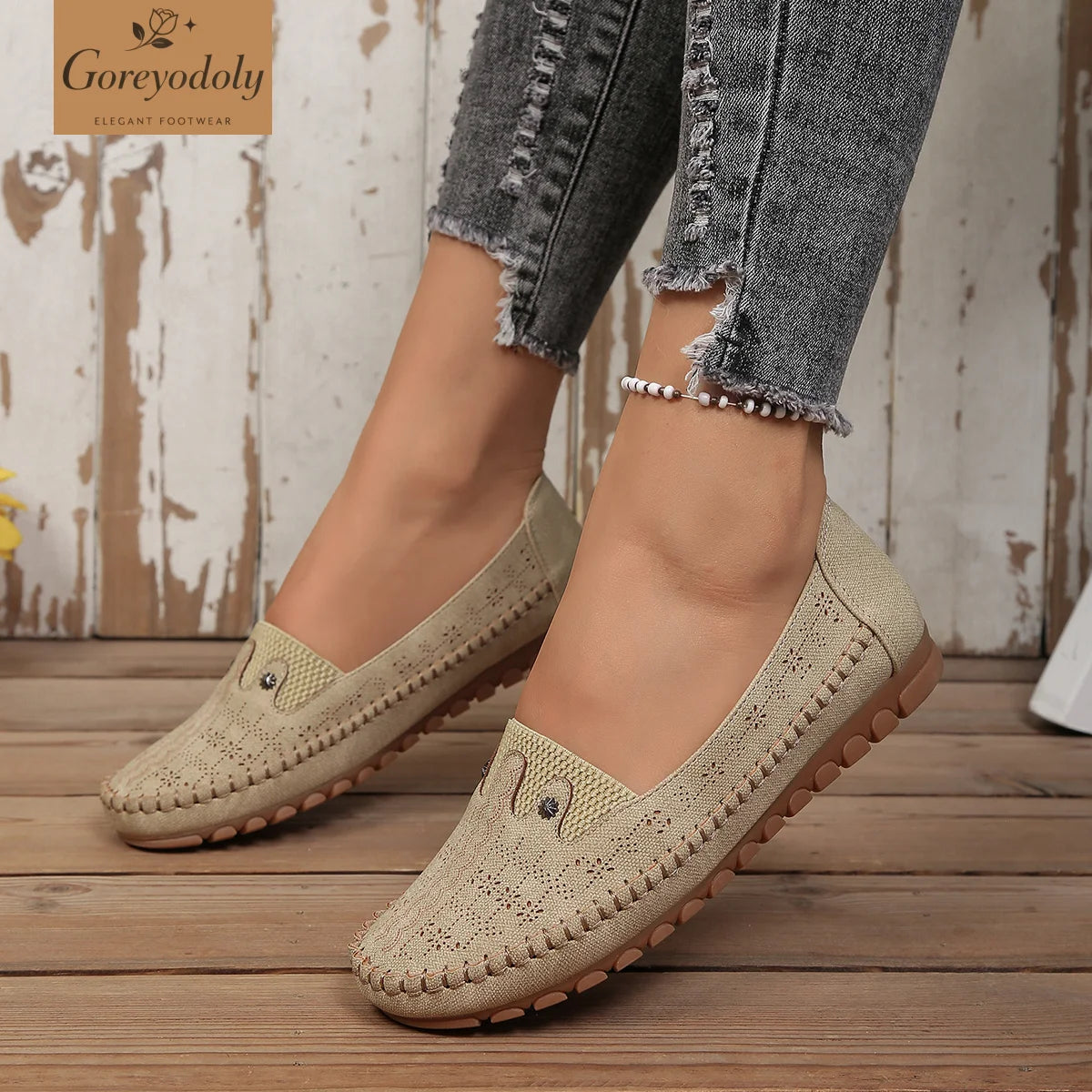 Goreyodoly, mocasines para mujer, diseño floral hueco, zapatos planos sin cordones, transpirables, ligeros, informales, para caminar, suaves y antideslizantes