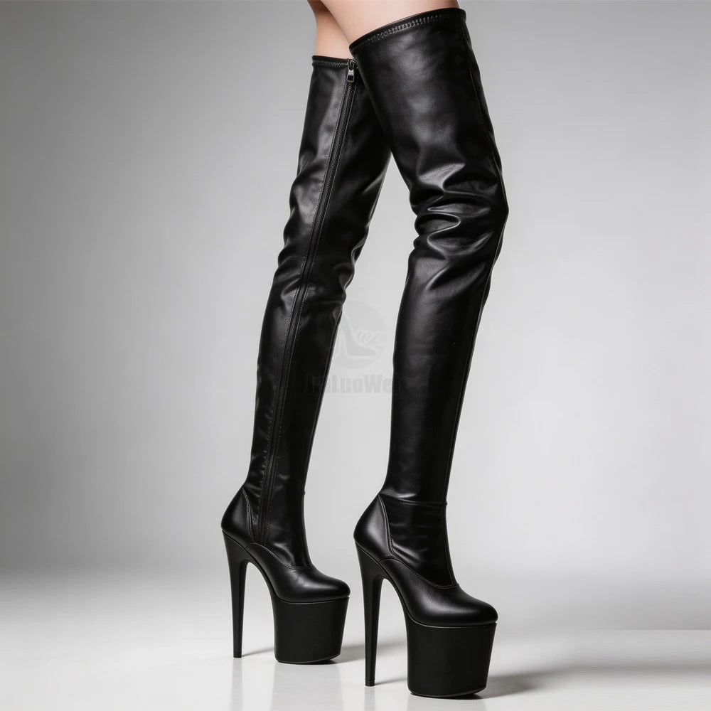 Jialuowei-Botas altas hasta el muslo de PVC para mujer, zapatos de tacón alto eróticos con plataforma sobre la rodilla, cremallera en la entrepierna, Sexy, punta estrecha, 2018