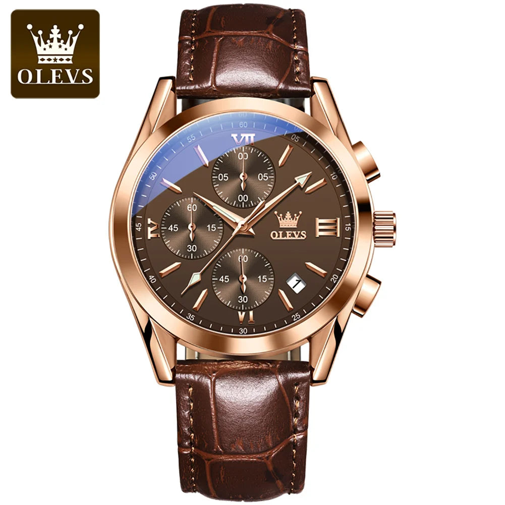 OLEVS Nuevo reloj de moda para hombre con correa de cuero marrón. Reloj impermeable con movimiento de cuarzo deportivo informal para hombre Orologio da uomo 2872