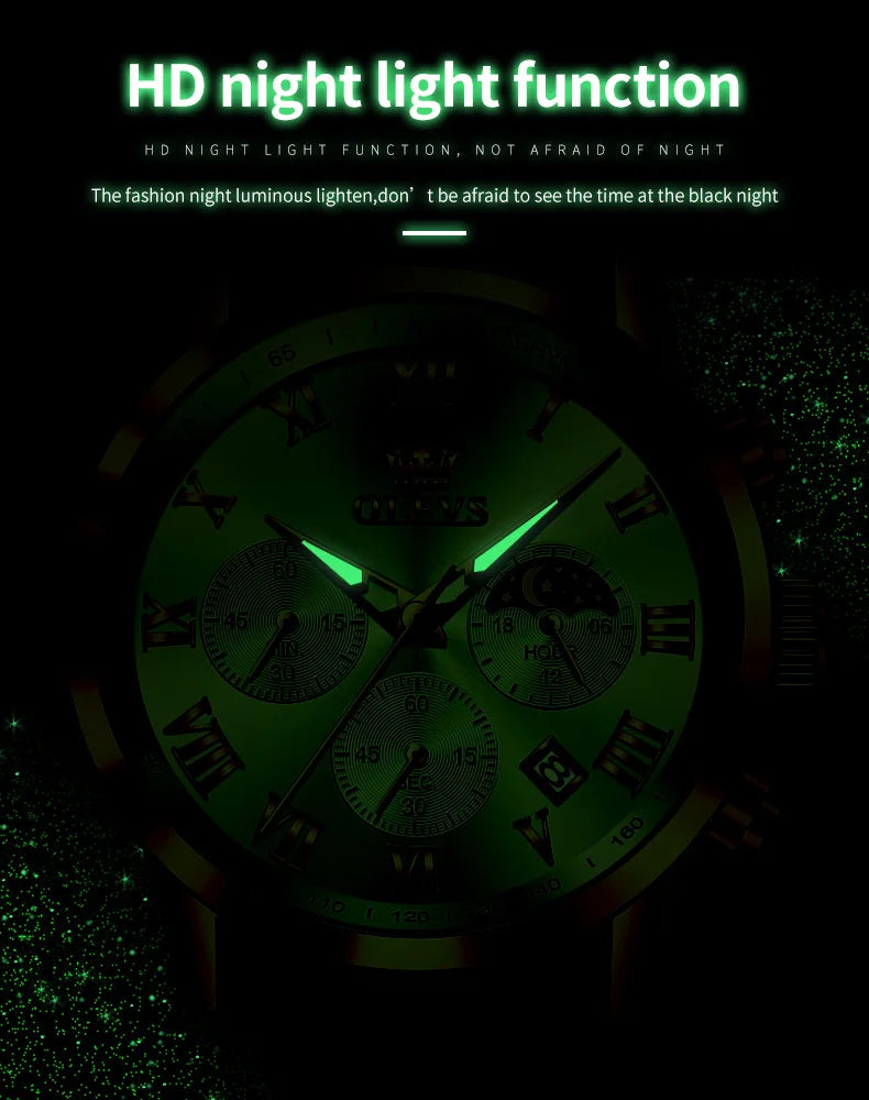 OLEVS-reloj de cuarzo deportivo para hombre, cronógrafo de lujo, resistente al agua, con correa de cuero, fase lunar, Masculino