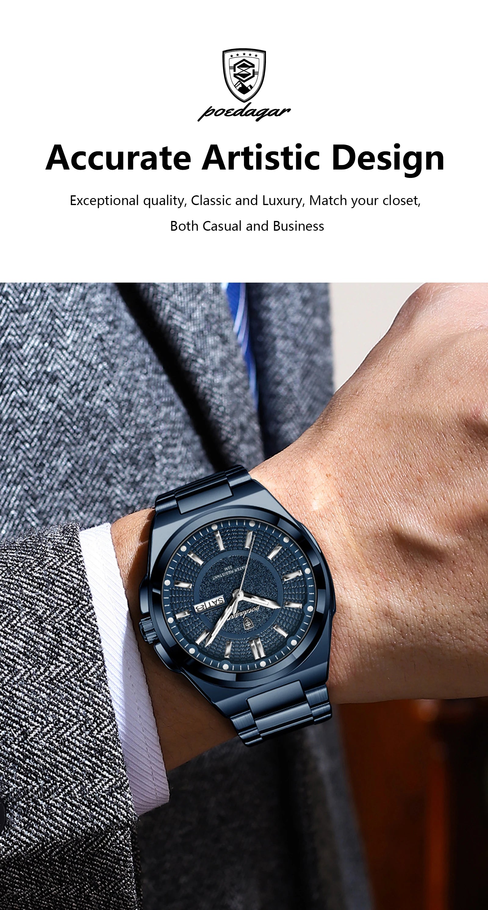Reloj deportivo POEDAGAR Original para hombre, Reloj de pulsera de cuarzo con fecha y semana de lujo para hombre, relojes luminosos resistentes al agua de acero inoxidable para hombre