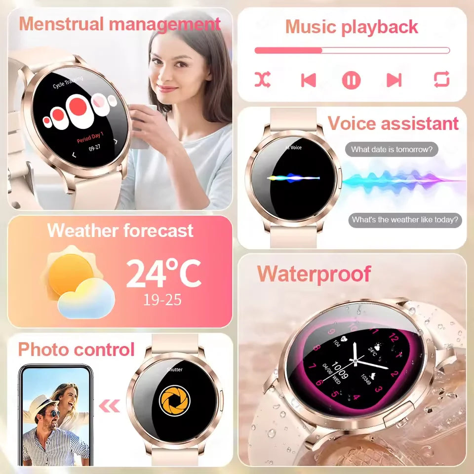 Nuevo reloj inteligente para mujer 1,32 "AMOLED pantalla completamente táctil Bluetooth llamada presión arterial IP68 impermeable NFC 7,3mm pulsera ultrafina