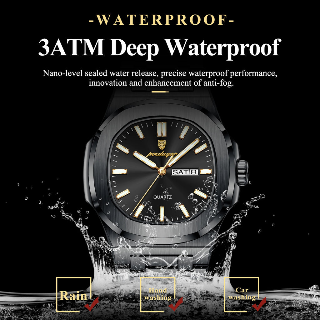 POEDAGAR, relojes cuadrados de lujo para hombre, Reloj luminoso resistente al agua con fecha y semana para hombre, Reloj de pulsera de cuarzo a la moda de acero inoxidable para hombre