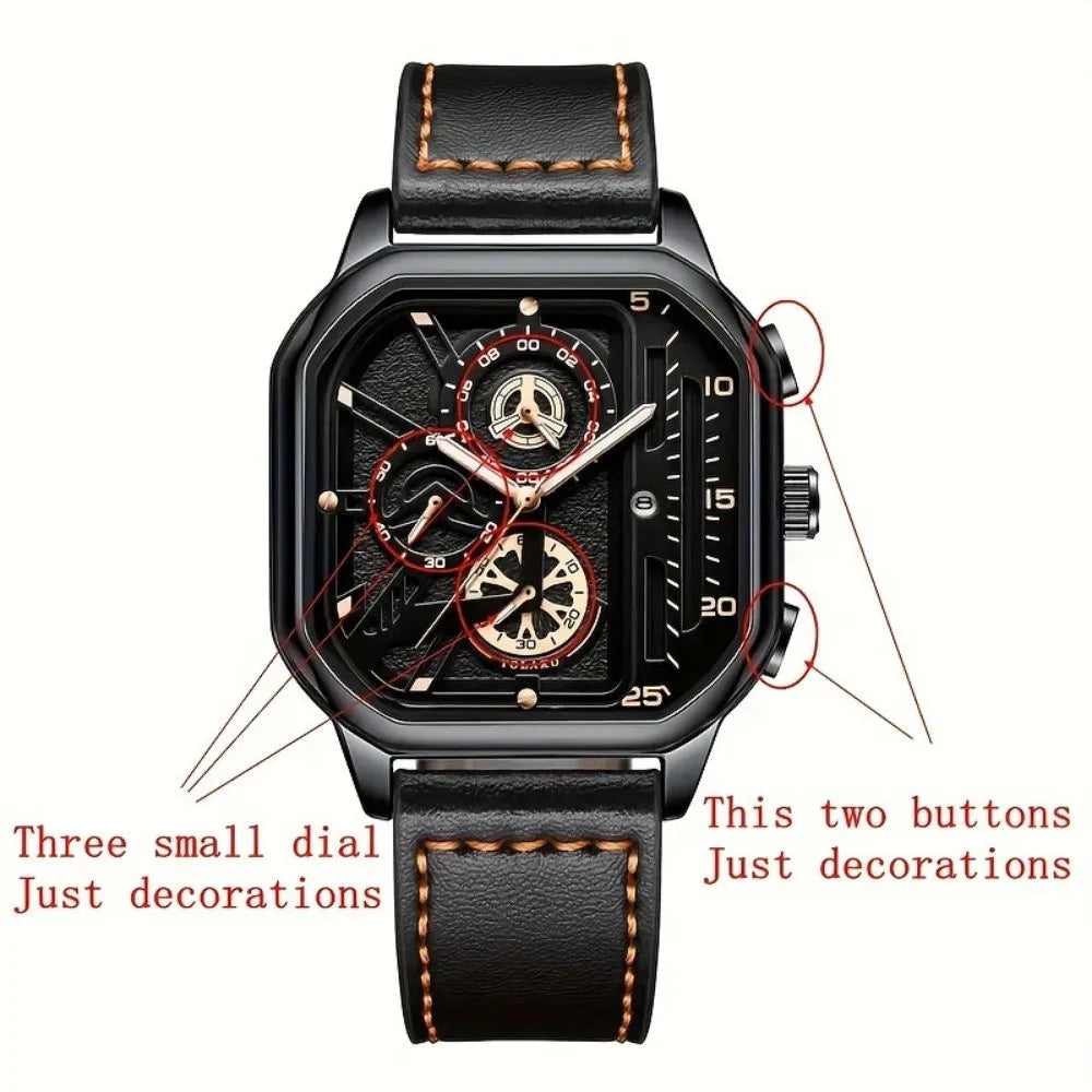 Reloj cuadrado de lujo con esfera grande para hombre, correa de cuero PU informal, relojes deportivos para hombre
