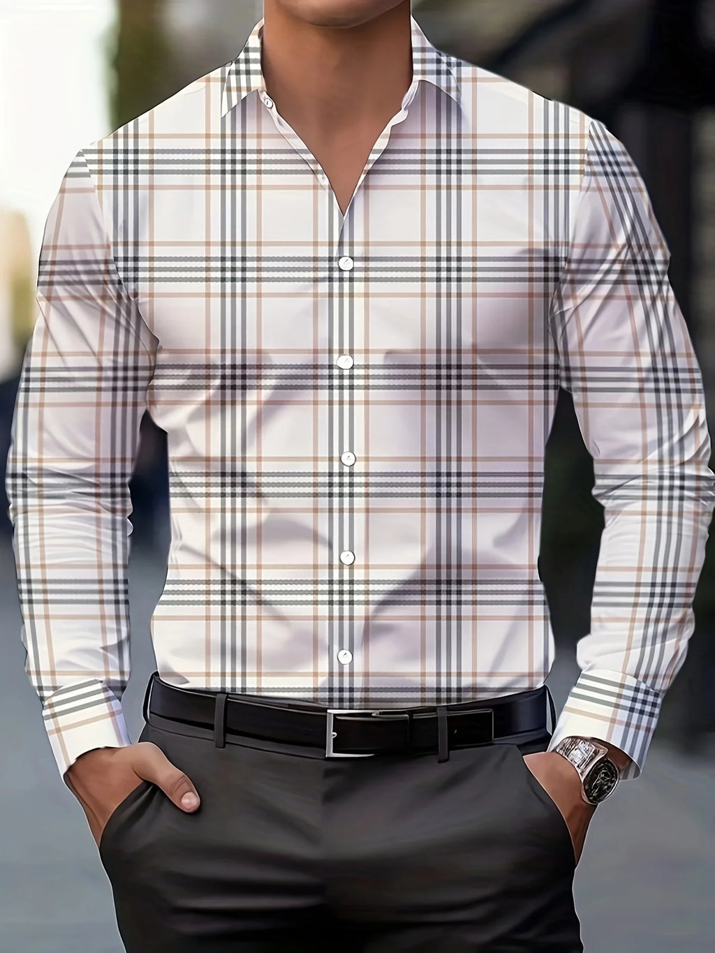 Camisa informal a cuadros de manga larga para hombre, tops a rayas, camisa transpirable con cuello de solapa con botones, ropa de negocios para otoño