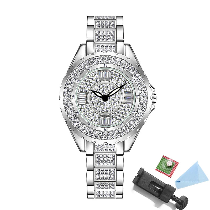 2025 relojes de diamantes de cristal para mujer, reloj elegante Original de oro para mujer con conjunto de pulsera, regalo de oro rosa para novia y esposa