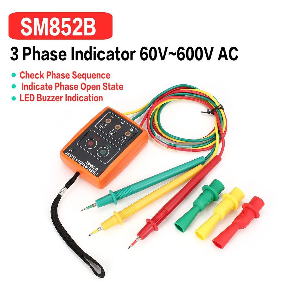 Probador de rotación de 3 fases SM852B, Detector de indicador de fase Digital, herramientas de prueba de voltaje de medidor de secuencia de fase de zumbador LED