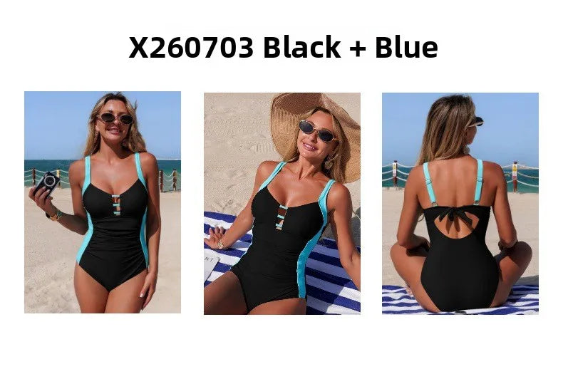 Nuevo Traje de Baño de Una Pieza para Mujer 2026, Traje de Baño Transfronterizo de Alta Elasticidad, Secado Rápido, Tela de Nailon, Sin Mangas, Color Puro
