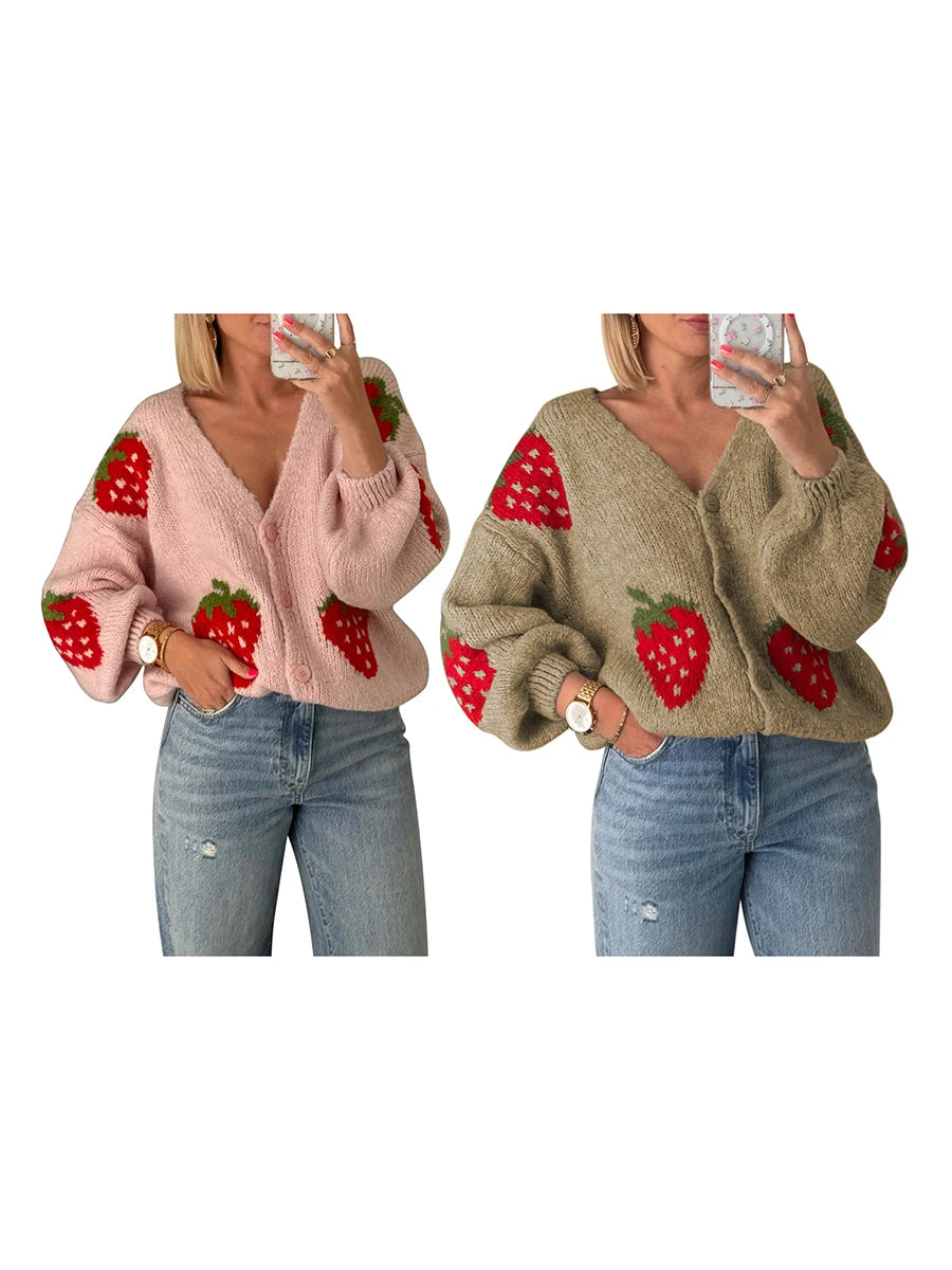 Maemukilabe-cárdigan de punto para mujer, chaqueta informal de manga larga con cierre de botón de fresa, suéter, abrigos de punto para mujer