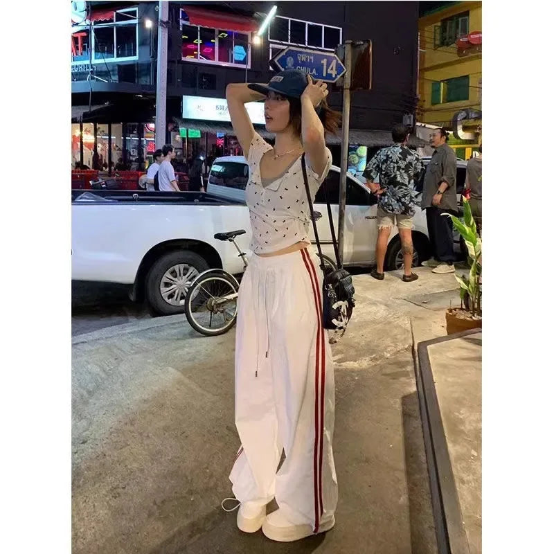 Pantalones de chándal completo a rayas con múltiples bolsillos para mujer