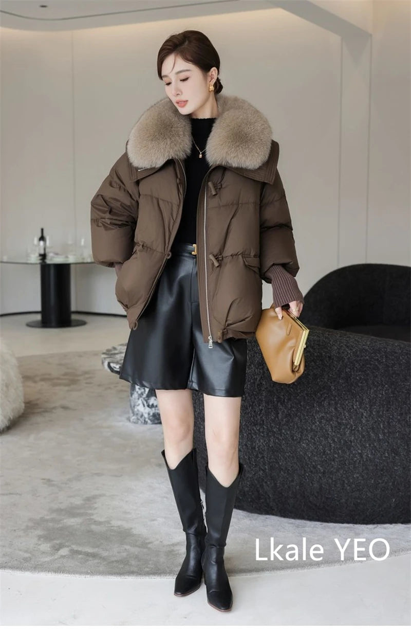 Parka de invierno para mujer, abrigo informal versión coreana, prendas de vestir exteriores para mujer, temperamento grueso, cuello de piel grande, Chaqueta de algodón para mujer 2025