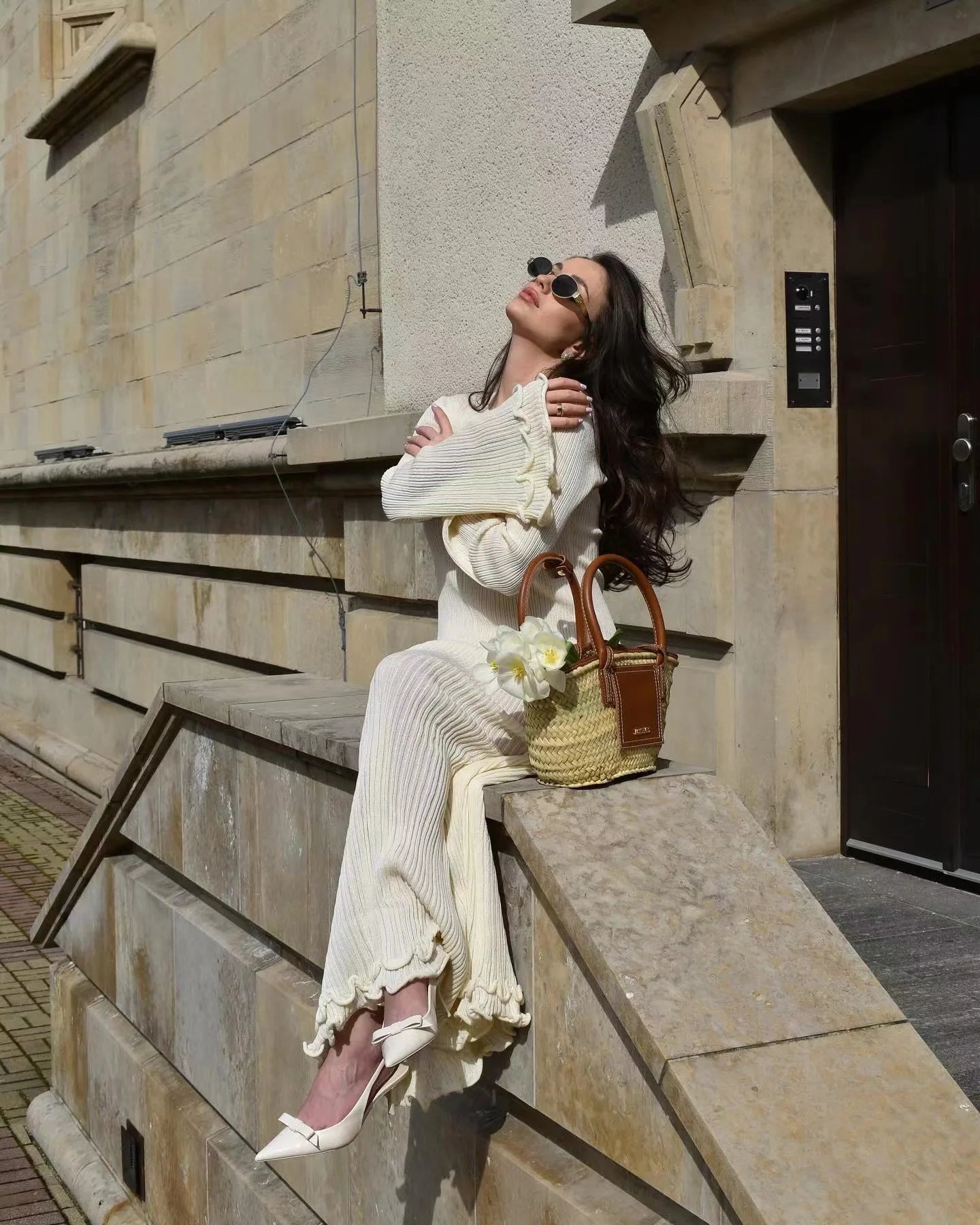2025 elegante vestido con volantes y cordones Para Mujer, vestido acanalado de manga larga a la moda, Vestidos largos Para Mujer, Vestidos Para ir al trabajo Para Mujer