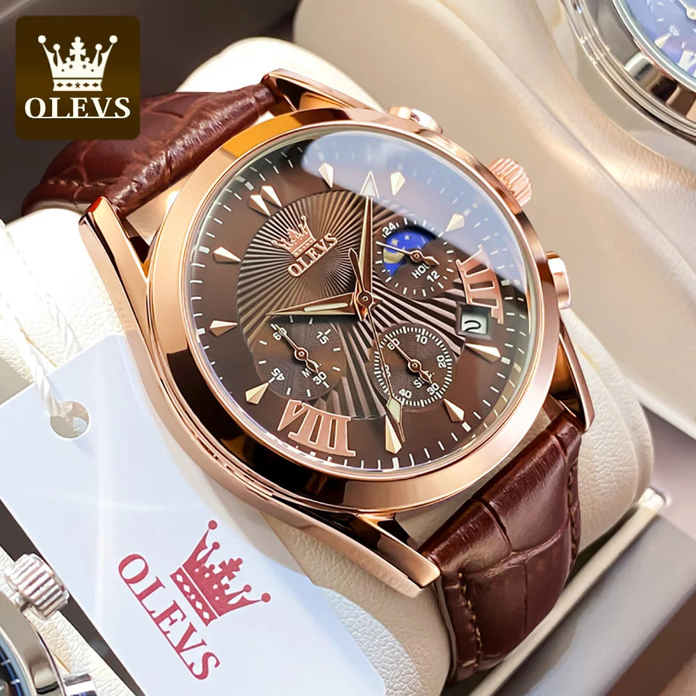OLEVS-reloj de cuarzo resistente al agua para hombre, cronógrafo de pulsera con correa de cuero, marca de lujo Original, alta calidad, a la moda