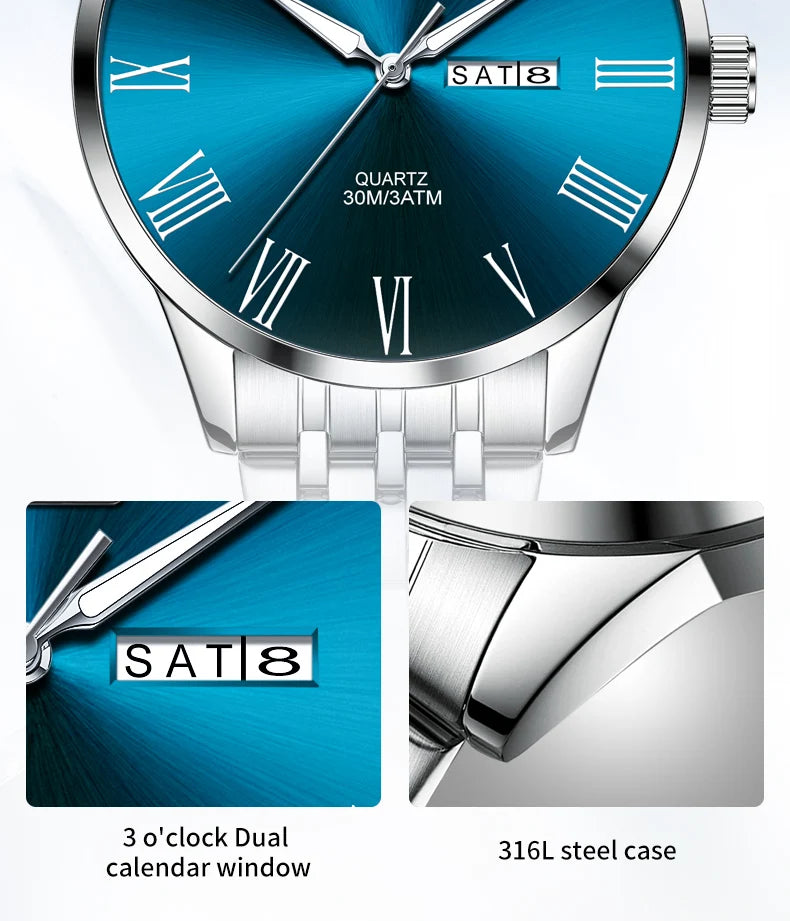 OLEVS, reloj minimalista de negocios de acero inoxidable para hombre, manecillas luminosas de lujo, calendario a escala romana, relojes de cuarzo resistentes al agua para hombre