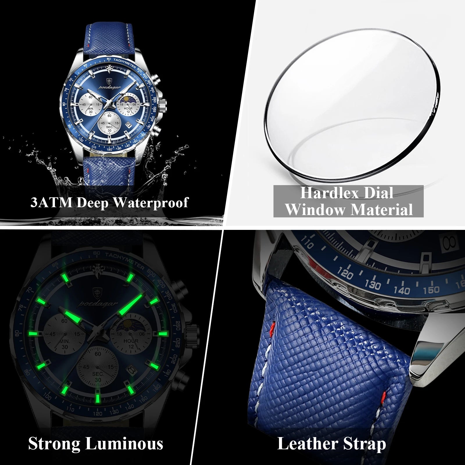 POEDAGAR Original Fashion Men Clock Luminous Waterproof Chronograph Date Man Wristwatch Leather Quartz Sport Men's Watches Reloj