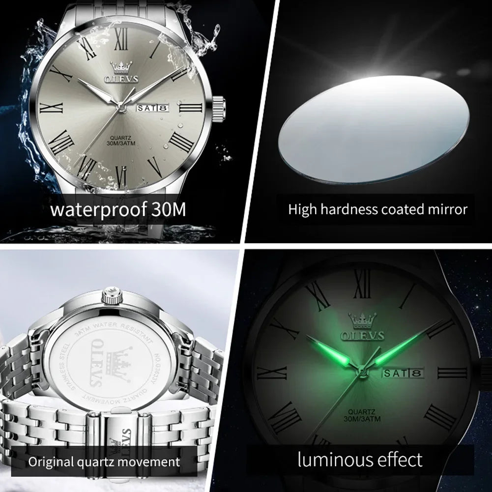 OLEVS, reloj minimalista de negocios de acero inoxidable para hombre, manecillas luminosas de lujo, calendario a escala romana, relojes de cuarzo resistentes al agua para hombre