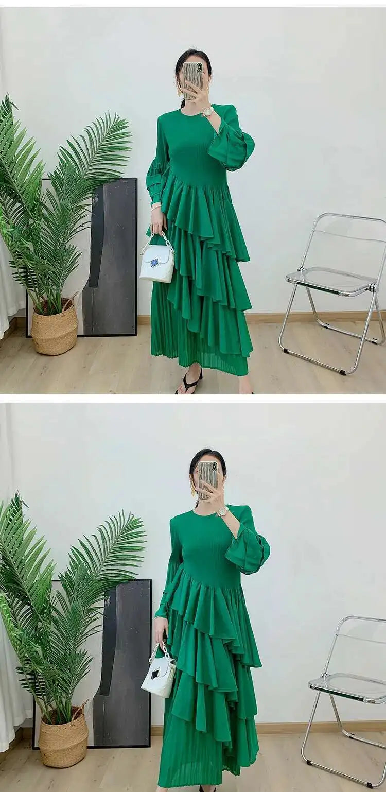 GVUW, vestido plisado para mujer, manga acampanada completa, línea A, volantes empalmados, cuello redondo, fiesta de noche, ropa elegante para mujer 17G4475