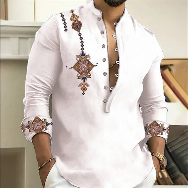 2025 Men's Shirt 15 Colors Tribe Pattern Printing Retro Geometry Leads Outdoor Street Long Sleeve Shirt Super Large Size S-5XL