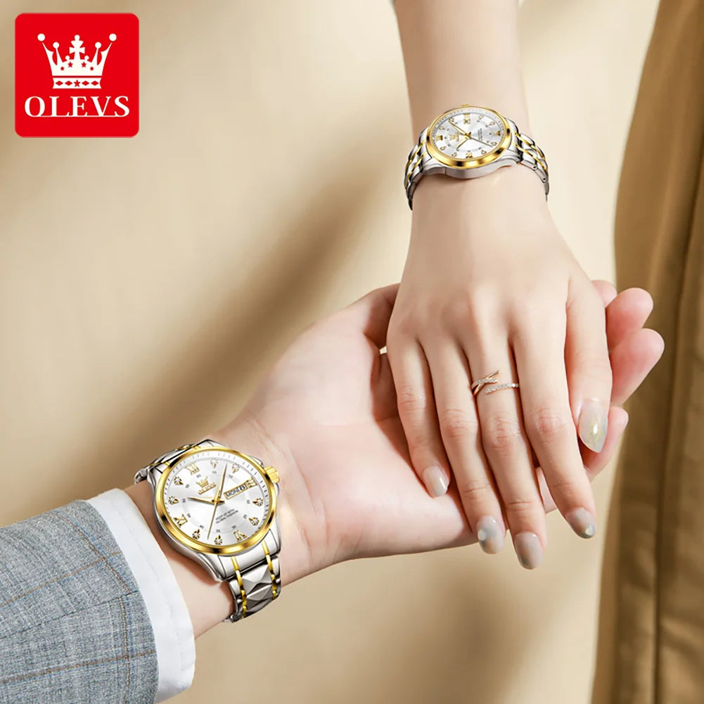 OLEVS, reloj de cuarzo Original superior para parejas, reloj de lujo con esfera de diamante a escala romana para hombres y mujeres, reloj de mano resistente al agua con correa de rombos